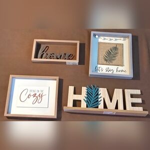 4 Piece Rustic Home Shelf Sitter Decor Set with Palm Fronds